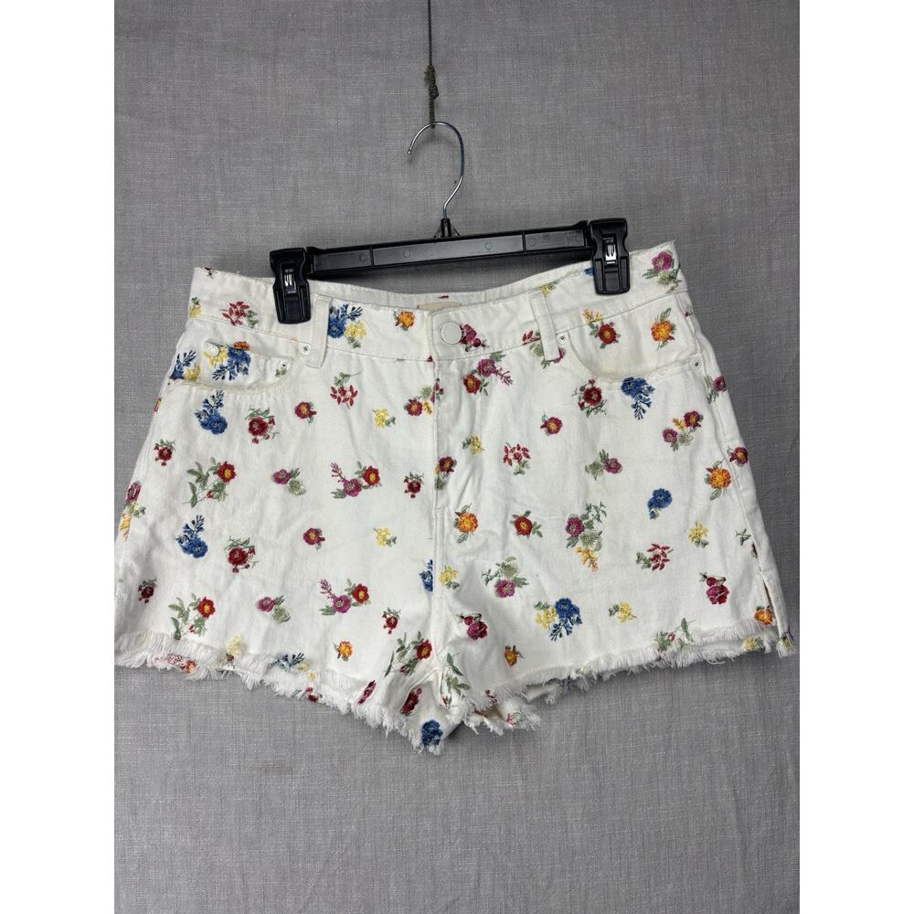 Alice + Olivia High Rise Shorts White Denim Floral Embroidery Frayed Hem Sz 31